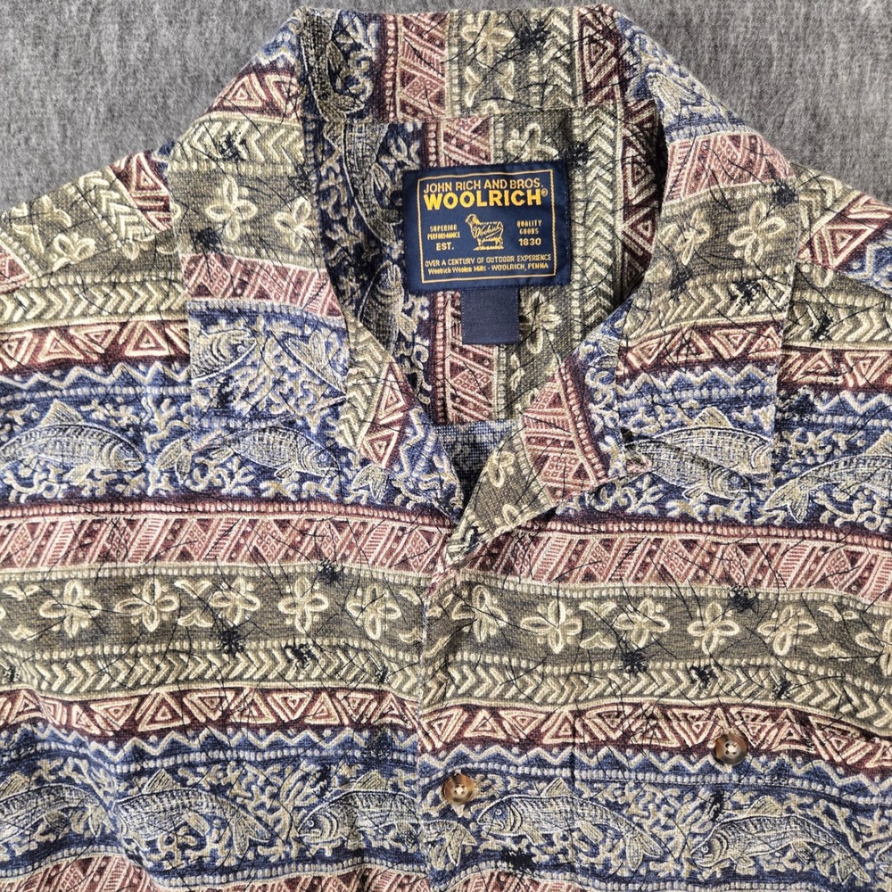 Vintage Woolrich Button Up Shirt Men XLT Multicolor Fish Aztec Print Loop Collar